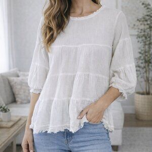 Stolen Hearts Womens White Tiered Blouse Puff Sleeve Frayed Hem Textured Top M